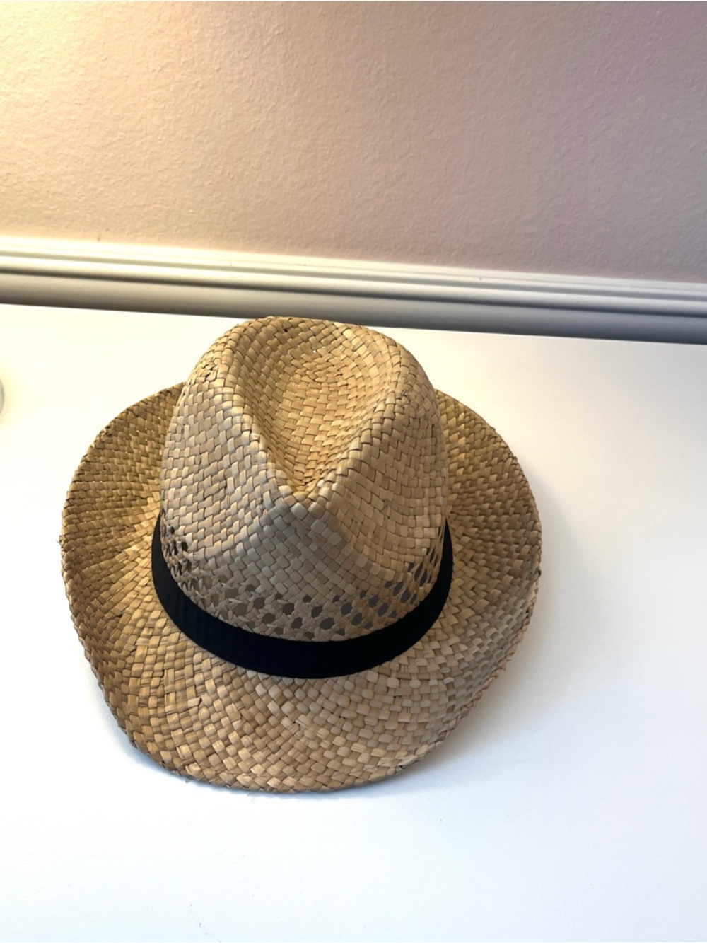 Straw Fedora Hat with Black Band - Natural